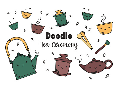 Set of items for traditional oriental tea drinking. Doodle style