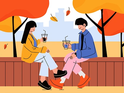 Couple sitting on a bench under the trees in the fall couple fall illustration poster vector