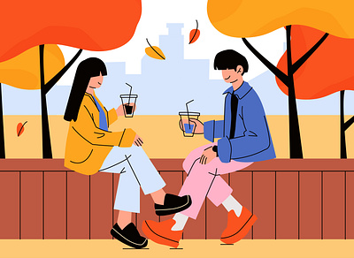 Couple sitting on a bench under the trees in the fall couple fall illustration poster vector