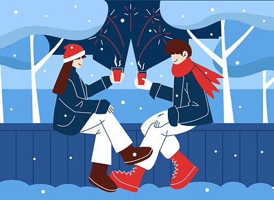 A couple sitting on a bench under the trees in winter couple design flat illustration vector