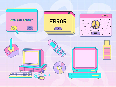 Retro-wave set with retro PC y2k elements flat illustration retrowave set vector y2k