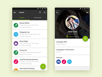 Event app activites android app chat create design event interface profile social ui