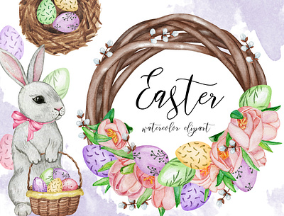 Watercolor Easter Wreath and Bunnies Clipart clip art clipart drawing easter easter bunny easter wreath eggs eggs clipart hand painted illustration png printable set spring watercolor