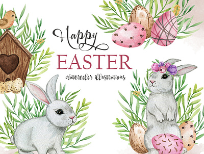 Cute Easter bunnies clip art watercolor clip art cute bunnies design drawing easter easter bunny easter decor easter eggs eggs forest animal hand drawn illustration set spring watercolor clipart