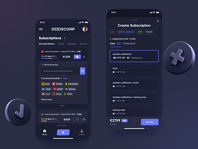 ODDSCORP — Create Subscription apps bets betting bookies dark app dark theme dashboard finance gambling game design gaming interaction interface mobile app product design soccer sportsbook statistics ui8 web design