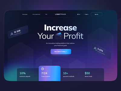 LobbyTrade Hero Header blockchain crypto exchange cryptocurrency dark mode dark theme finance fintech gaming graphic interface investments landing page layout stock token trade trading ui ux wallet