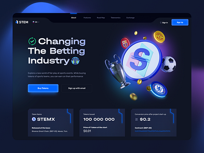 StemX Token Hero Header 3d betting bitcoin blockchain crypto cryptocurrency finance game design gaming graphic design landing page market nft art payments soccer sport token ui design wallet web design