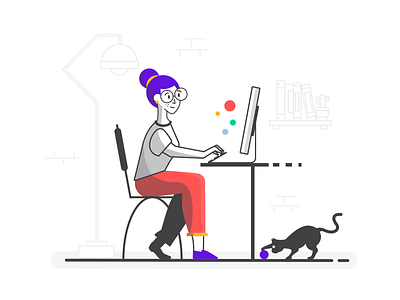 The Coder balls cat coder coding computer girl house human icon illustration lady woman working