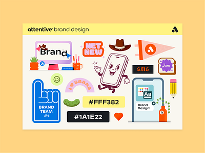 Brand Design Stickers attentive brand design branding design illustration internal brand sticker sheet stickers swag team swag