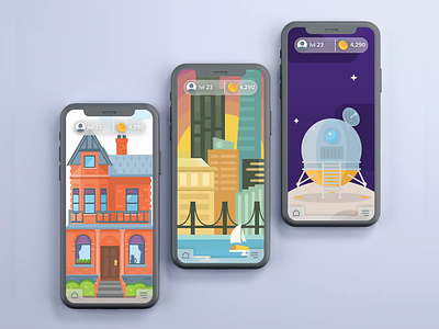 iOS Game Map Screen after effects animation app cityscape design game illustration ios moon simple ui ux vector