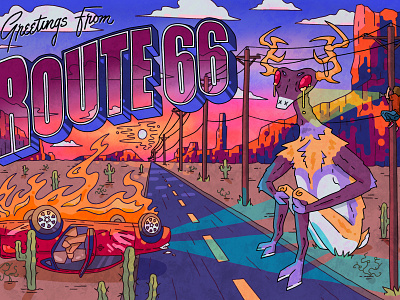 Route 66 Postcard car character character design design drawing grunge highway illustration illustrative monster nature retro road scenery sunset typography vintage