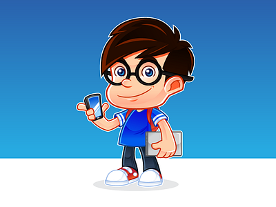 Geek Kid awesome blue cartoon cool geek kid mascot nerd techy