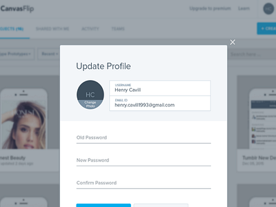 "Update profile" screen gets a makeover in the new CanvasFlip UI canvasflip canvasflip revamp prototyping usability analysis user analysis user testing