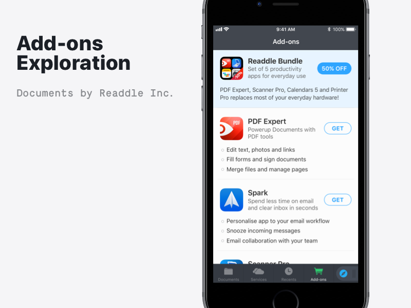 Add-ons in Documents apps bundle ios ads readdle documents