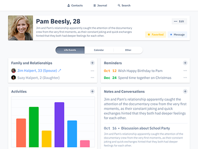 👩‍🦳 Monica Profile Redesign button crm graphs headings lists plus profile profile card ui web