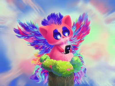 Illustration Funny animal with smartphone and wings animal character color cute ears mobile smartphone ui ux wings اصبغ 动物 汉字