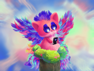 Illustration Funny animal with smartphone and wings