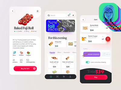 Sushi delivery mobile app with 3D icon 3d 3d icon bello check-out delivery e-commerce ecommerce elicitation mobie queue shop sushi خصم