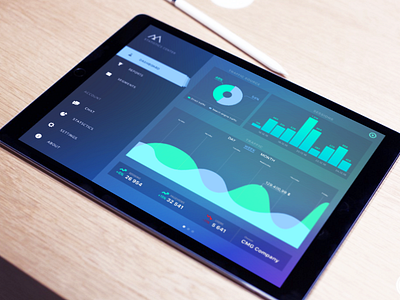 App with Infographics and dashboard statistics for advertising advertising dark infographics ipad menu profile statistic trends 向量