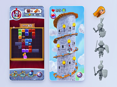Game GUI Match3 mobile with princess and knight