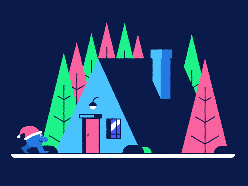Winter A-frame building walk illustration house aframe hiwow graphic design outdoors design door cycle character winter animation after effects 2d
