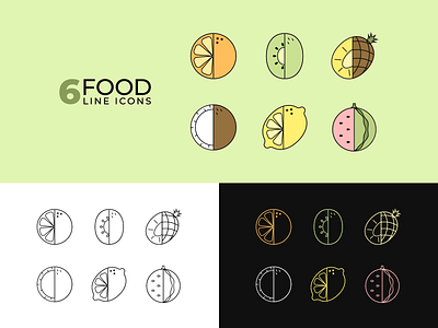 6 healthy food line icons coconut design food fruit graphic design healthy icon illustration kiwi lemon line icon orange pineapple watermelon