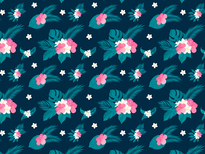 pattern with tropical flowers plumeria, hibiscus and palm leafs