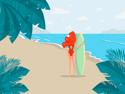 redhead surfer girl by the sea among palm trees cartoon character character creative design flat illustration girl illustration sea sport surf surfer vector