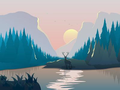 landscape with a deer, spruce forest and mountains at sunset