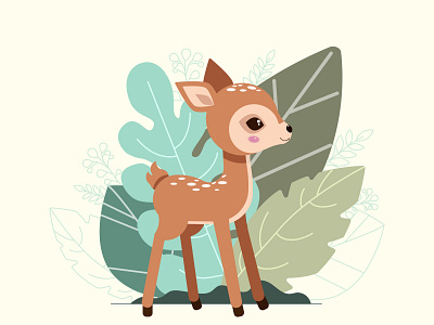 Cute baby deer on the background of decorative autumn leaves