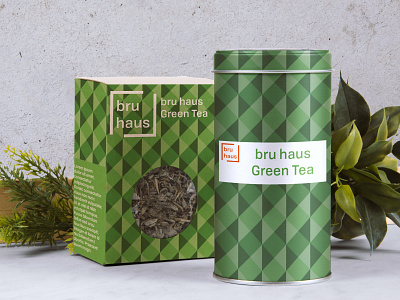 Bru Haus GreenTea Tin branding cafe design logo mockup packaging productdesign