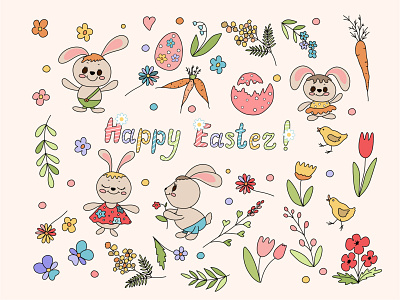 Easter cute vector set with bunnies, spring flowers and eggs