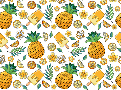 Summer seamless pattern with yellow fruits, flowers, ice cream ananas endless summer pattern hibiscus ice cream orange pattern pineapple seamless summer summer background summer mood summer pattern tropical tropical background tropical fruits yellow yellow background yellow flowers yellow fruits yellow pattern
