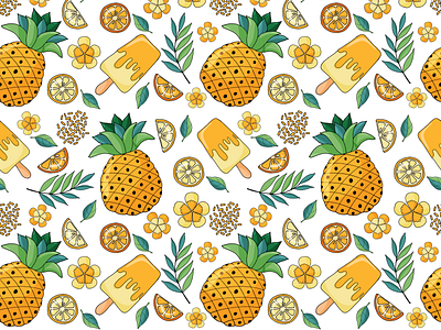 Summer seamless pattern with yellow fruits, flowers, ice cream by Galyna  Karban on Dribbble
