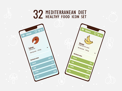 32 mediterranean diet food icon set