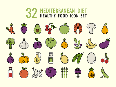 32 mediterranean diet healthy food icon set