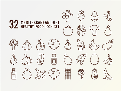 32 mediterranean diet food brown line art icon set