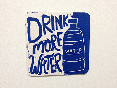 Drink More Water Coaster blue carving coaster drink h20 lino cut linoleum printmaking relief water
