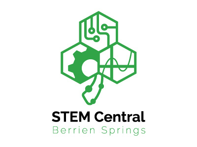 STEM Logo berrien springs building engineering green hexagons logo mathematics school science stem technology