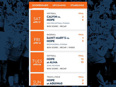 Athletics Scoreboard blue calendar college college athletics college sports game ncaa orange schedule scoreboard sports