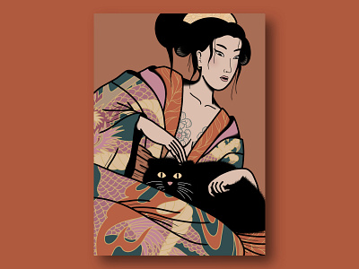 everyone likes pussies art cat catlover design illustration kimono ukiyo e