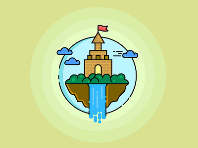 Flying Castle Illustration cloud flag flat flying castle grass sky water water fall