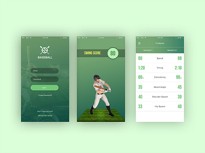 Baseball app Concept app baseball baseball app clean flat green login player score swing