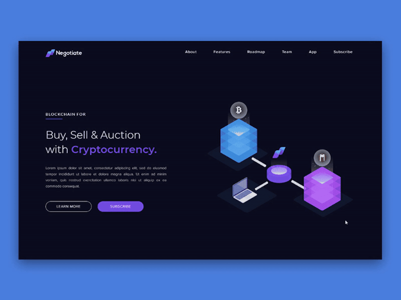 Negotiate Landing Page Design and Animation about us animated website animation crypto illustration landing page negotiate roadmap subscribe website animation