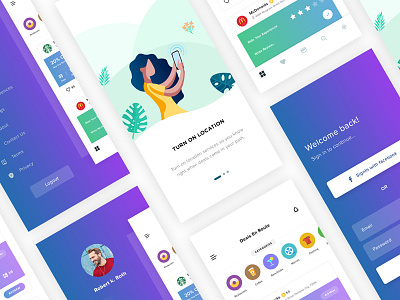 Coupon and deals app design clean coupon deals feed flat gradient login minimal onboarding profile side menu sidebar