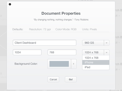 Document Properties with Defaults application design easel greyscale menu modal ui ux web