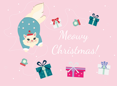 Meowy Christmas! ai cat celebrate design gift graphic design illustration pets postcard snow winter