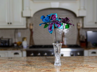 Blue, Teal, Purple Recycled Steel Roses on Kitchen Counter View design upcycled weld