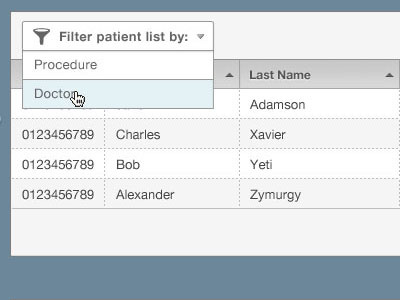 Filter By Doctor drop down filter medical records sorting table