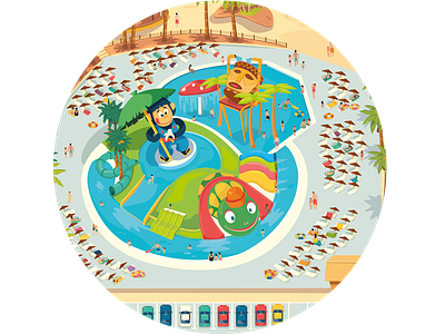 Waterpark Aqualand Maspalomas Map - detail flat illustration kids monkey palmtrees slide swim swimming pool turtle vector water waterpark